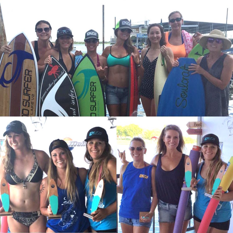 A collection of pictures featuring all of the women competitors at the annual Surf the Lake wakesurfing competition on Lake Lewisville